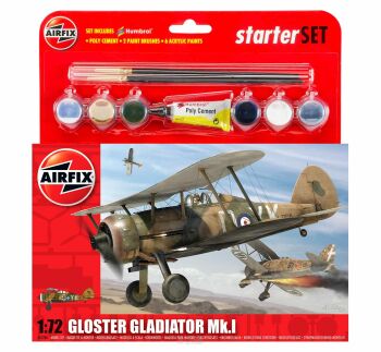 Gloster Gladiator Mk.I - zestaw z klejem, pędzlem oraz farbkami.