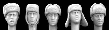 5 heads with WWII German pile and fur headgear