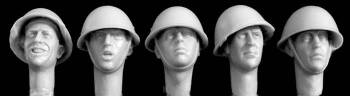 5 heads wearing British Mk III helmets 1944/80s