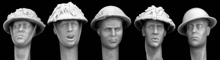 5 heads in British helmets with WWII netting