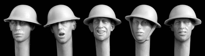 5 heads wearing British WWI steel helmet